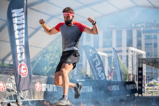 Encamp, Andorra : 2020 Sept 05 : Competitors participate in the 2020 Spartan Race obstacle racing challenge in Andorra, on september 05, 2020.