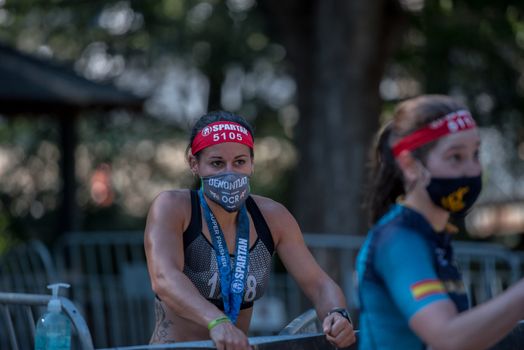 Encamp, Andorra : 2020 Sept 05 : Competitors participate in the 2020 Spartan Race obstacle racing challenge in Andorra, on september 05, 2020.