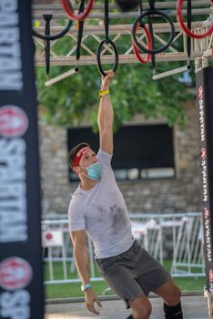 Encamp, Andorra : 2020 Sept 05 : Competitors participate in the 2020 Spartan Race obstacle racing challenge in Andorra, on september 05, 2020.