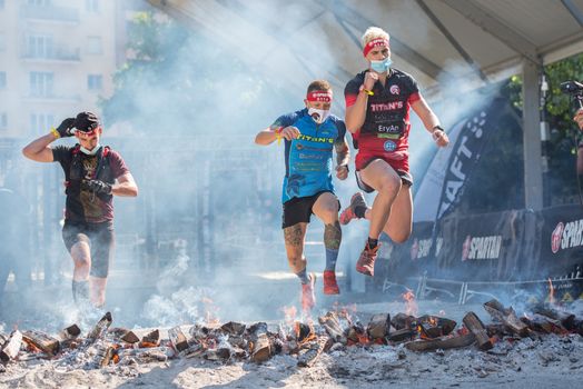 Encamp, Andorra : 2020 Sept 05 : Competitors participate in the 2020 Spartan Race obstacle racing challenge in Andorra, on september 05, 2020.