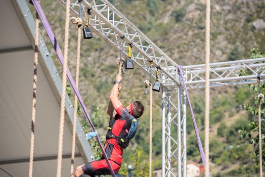 Encamp, Andorra : 2020 Sept 05 : Competitors participate in the 2020 Spartan Race obstacle racing challenge in Andorra, on september 05, 2020.