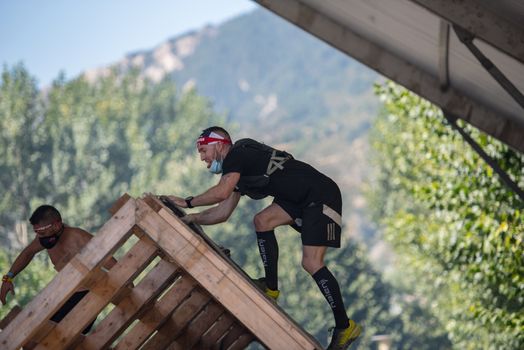 Encamp, Andorra : 2020 Sept 05 : Competitors participate in the 2020 Spartan Race obstacle racing challenge in Andorra, on september 05, 2020.