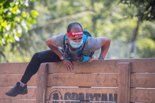 Encamp, Andorra : 2020 Sept 05 : Competitors participate in the 2020 Spartan Race obstacle racing challenge in Andorra, on september 05, 2020.