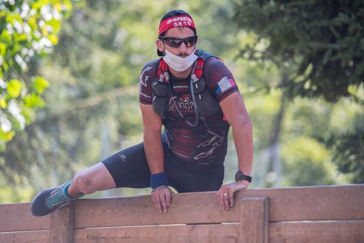 Encamp, Andorra : 2020 Sept 05 : Competitors participate in the 2020 Spartan Race obstacle racing challenge in Andorra, on september 05, 2020.