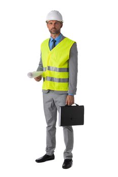 Male engeneer architect foreman in white hardhat and safety vest holding briefcase and blueprint isolated on white background, full length portrait