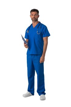 Male nurse in blue uniform with stethoscope and document folder isolated on white background, full length portrait