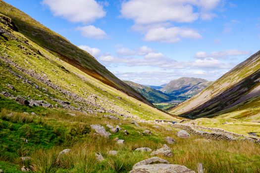 Kirkstone Pass viewpoint towards Ullswater in the Lake District, England.