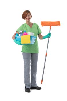 Cleaner woman with mop and detergent spray container isolated on white background, full length portrait