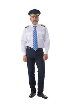 Airline pilot wearing the four bar Captains epaulettes, firlst pilot, aircraft commander, isolated on white background, full length portrait