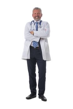 Caucasian mature male medical doctor with stethoscope isolated on white background, full length portrait