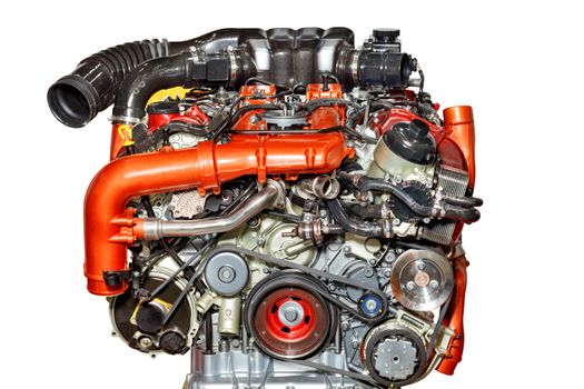 The stand shows the internal combustion engine of a modern car, the image is isolated on a white background. Internal Combustion Engine. Car Motor. Auto Parts.