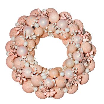 Christmas wreath with decorative balls, flowers and stars in pink and beige pastel colors. Christmas greeting illustration. The image is isolated on a white background.