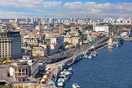 Old district of Kyiv, Polol with moorings and pleasure boats overlooking the Dnipro embankment on a bright summer day, top view, copy space.