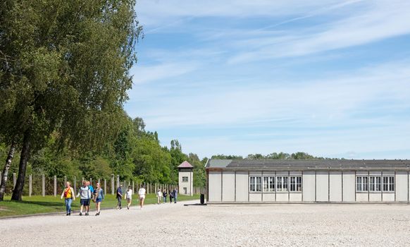 Dachau, Germany - July 13, 2020: Dachau concentration camp, the first concentration camp in Germany during World War II, historic buildings and outdoor.