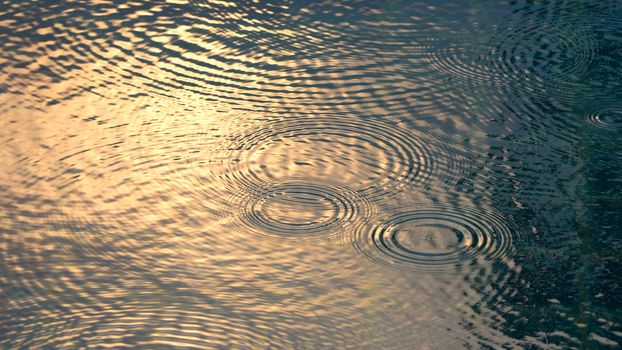 Rain drops on the water pool blue color surface that have ripple wave effect on liquid texture and top view angle. 