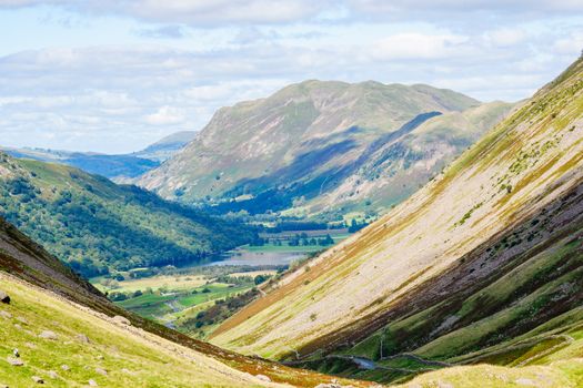 Kirkstone Pass viewpoint towards Ullswater in the Lake District, England.