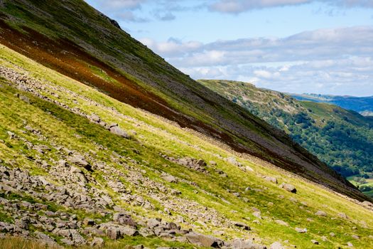 Kirkstone Pass viewpoint towards Ullswater in the Lake District, England.