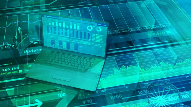 Virtual background with stock trading data and laptop in three-dimensional space.