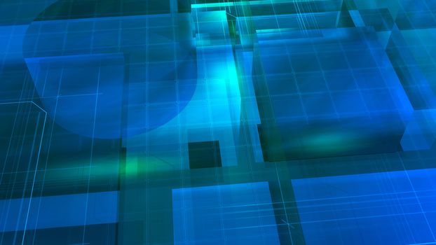 Abstract virtual space background composed of semitransparent 3D cubes.