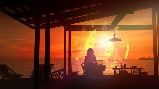 Silhouette of a girl sitting by the sea and working on a laptop on a background of infographics.