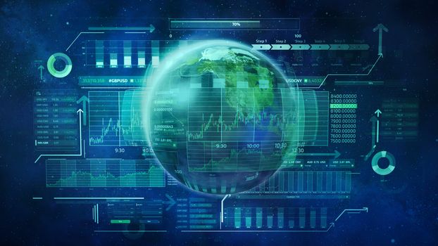 Planet Earth and infographic business data depicting the movement of global stock markets on the background of outer space.