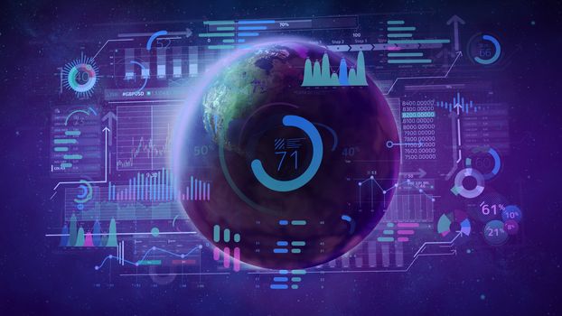 Planet Earth surrounded by multi-colored graphs and charts on a background of a star outer space.