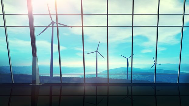 Through the panoramic window of the large office, wind farms are visible.