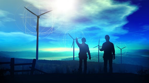 Two silhouettes of engineers designing the construction of wind farms on the ground.