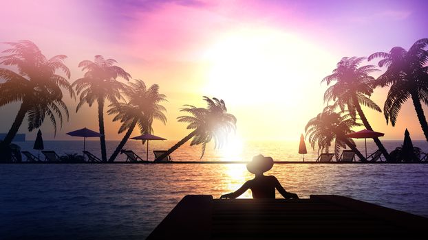 Silhouette of a woman resting on a wooden pier at a resort beach on a tropical sunset background.