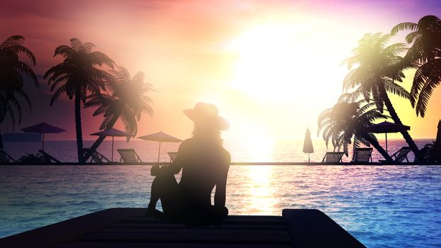 A woman in a swimsuit sits on a wooden pier and enjoys the ocean sunset.