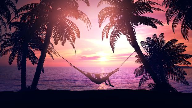 Silhouette of a man resting in a hammock on the beach during sunset.