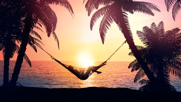 Female silhouette in a hammock on a tropical beach at dawn.