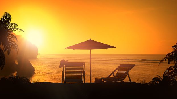 Beach umbrella and deck chairs on a background of sea sunset.