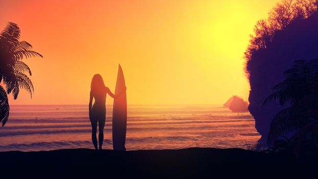 Silhouette of a surfer woman on a background of bright red sunset.