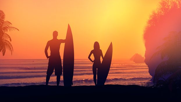 Male and female silhouette of surfers with boards in hands standing on a sunset background.