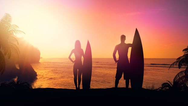 Female and male silhouette of surfers lit by the setting sun.