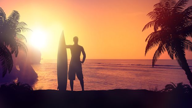 Silhouette of a surfer with a board on a sunset background.