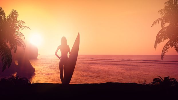 Silhouette of a surfer girl on the beach during sunset.
