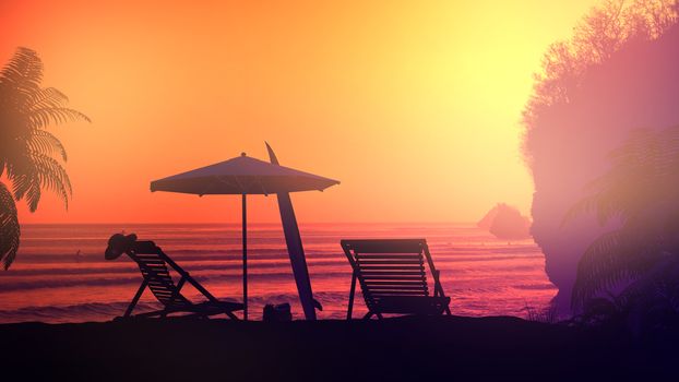 Lonely sun loungers on a tropical beach during sunset.