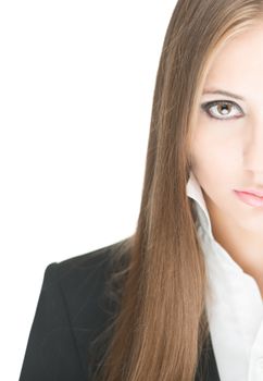 Portrait of stylish beautiful girl with long hair and bright make-up isolated on white background. Young business woman in black jacket and white blouse with raised collar looking serious and sexy.