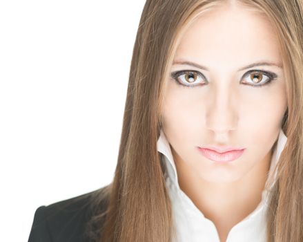 Portrait of stylish beautiful girl with long hair and bright make-up isolated on white background. Young business woman in black jacket and white blouse with raised collar looking serious and sexy.