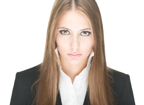 Portrait of stylish beautiful girl with long hair and bright make-up isolated on white background. Young business woman in black jacket and white blouse with raised collar looking serious and sexy.