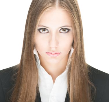 Portrait of stylish beautiful girl with long hair and bright make-up isolated on white background. Young business woman in black jacket and white blouse with raised collar looking serious and sexy.