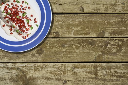 Top view of chiles en nogada, traditional festive dish on Mexican Independence Day. Green chili peppers with walnut sauce, common food for Mexico, in celebrations and national holidays. Copy Space