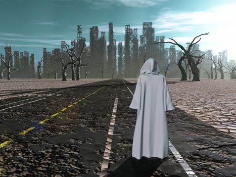 Traveler on road to desolate city. 3D rendering