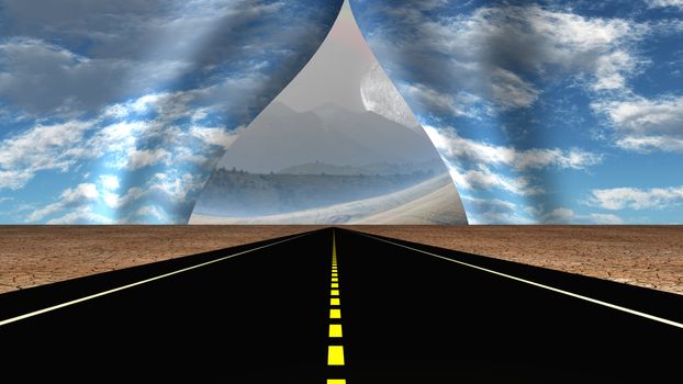 Road leads into rip in fabric of reality. 3D rendering