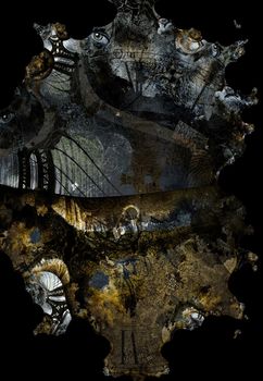 Grunge Dark Textured Manhattan Bridge Abstract. 3D rendering