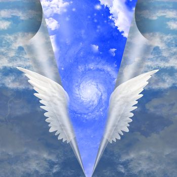 Angel wings pull apart seam of mortals to reveal workings. 3D rendering