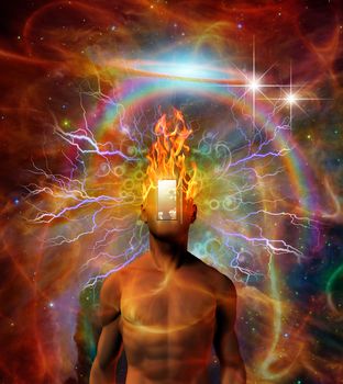 Man with burning head in cosmic space. 3D rendering