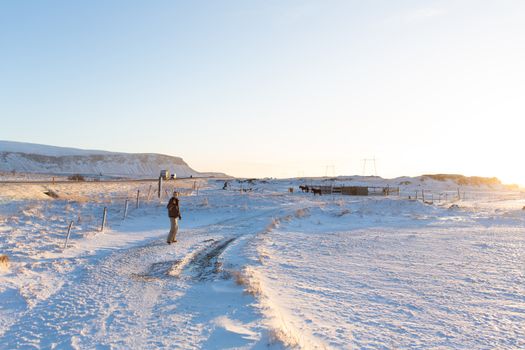 A tourist guy walks through a field in Iceland in winter. Enjoys the beauty of winter nature landscapes